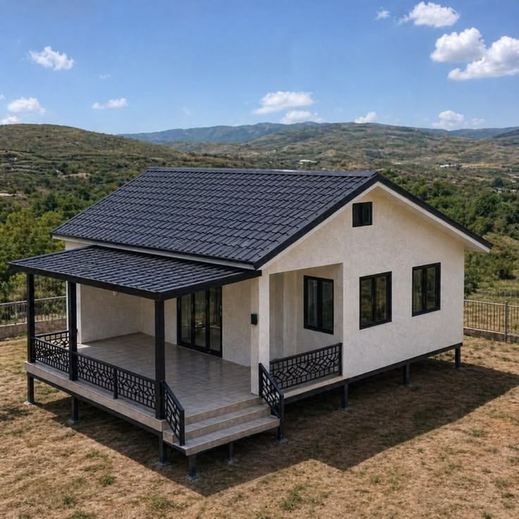 Verandalı, beyaz cepheli tek katlı prefabrik ev